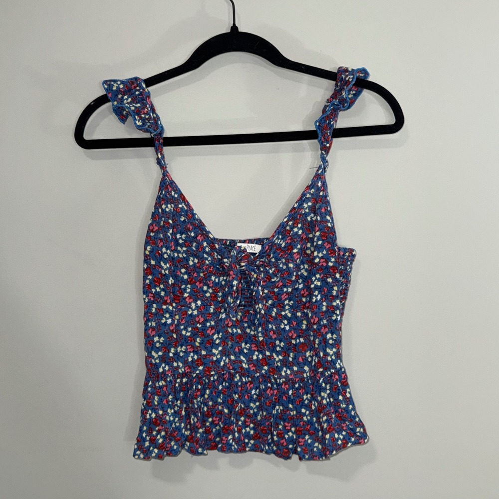 Patrons of‎ Peace Blue Floral Peplum Cami Top Ruffle Strap Smocked Back Small
